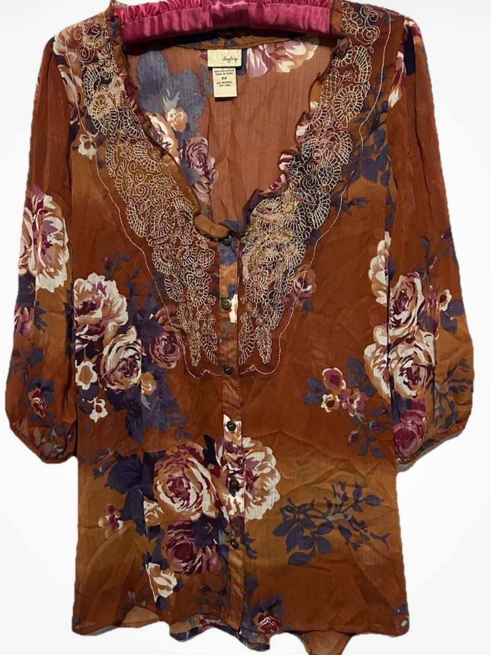 Daytrip Top M Silky Sheer Rust Floral Print Boho Hippie Cottagecore Shirt Blouse